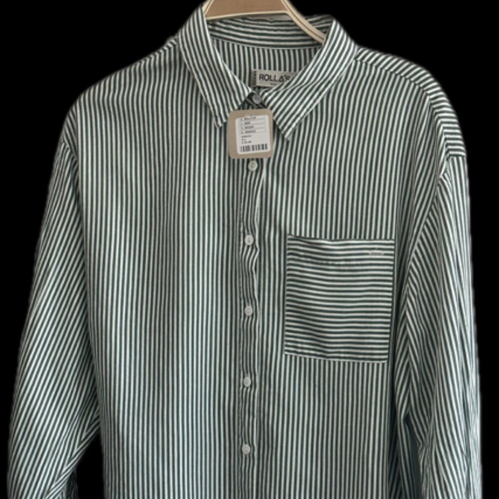 ROLS Green and White Striped 3/4 Sleeve Button Down Boyfriend Shirt -( M-10)